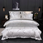 WHITE SILVER SILK COTTON LUXURY BUTTERFLY Embroidery BEDDING SET | Yedwo